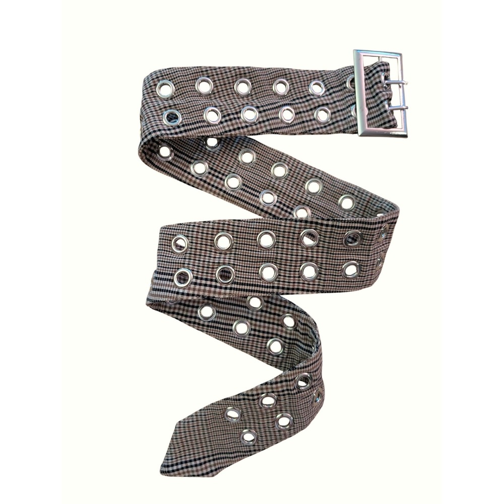 Plaid Double Grommet Belt Brown Tan‎ Checkered Grunge Punk Y2K Wide Fabric Belt